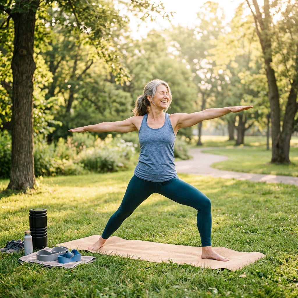 Kobieta ćwicząca jogę na świeżym powietrzu z akcesoriami fitness
